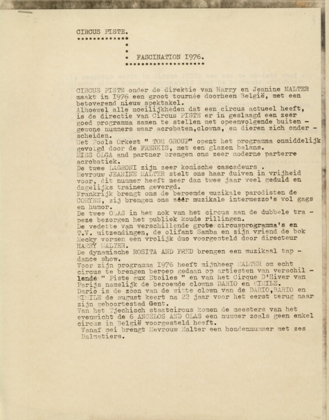 Brief waarin het programma van de tournée van 1976 van Circus Piste door België voorgesteld wordt