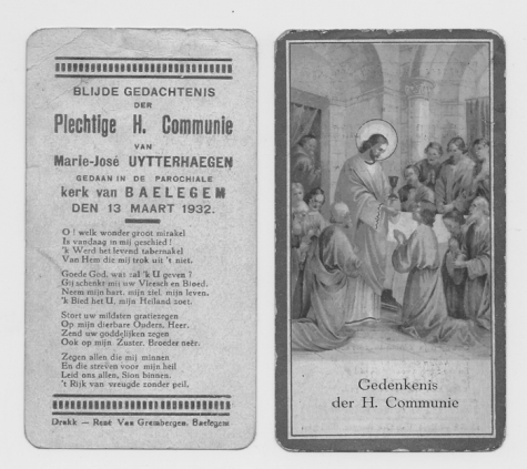 Herinnering aan Pl. H. Communie van Marie-Josée Uytterhaegen, Balegem 1932