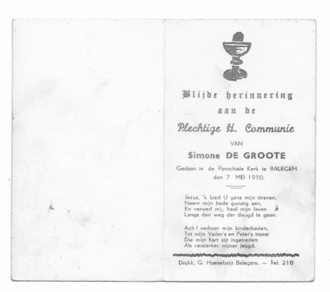 Herinnering a.d. Pl.H. Communie van Simone De Groote, Balegem 1950