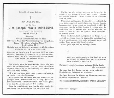 Bidprentje van (Jules) Joseph JANSSENS. † Balegem 1965.
