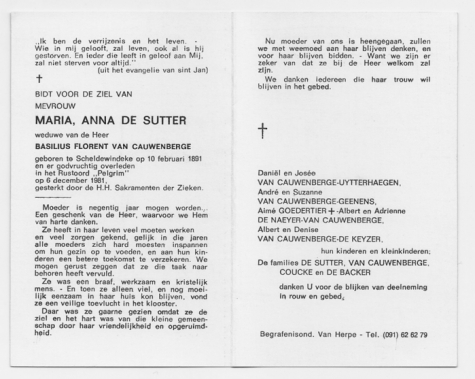 Bidprentje van Maria DE SUTTER, † Scheldewindeke 06.12.1981.