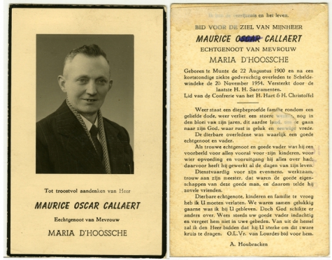 Tot troostvol aandenken van Heer Maurice Oscar Callaert, Scheldewindeke, 1954