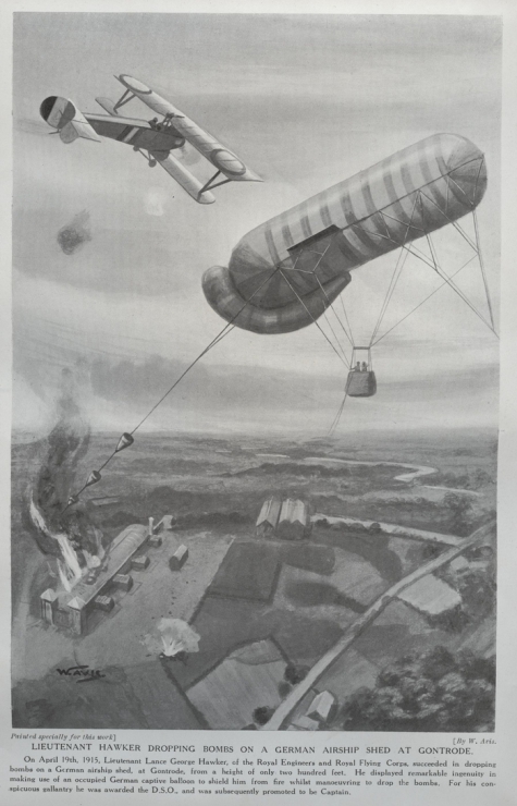 Luitenant Hawker bombardeert een Duitse Zeppelinloods te Gontrode, Gontrode, 19 april 1915