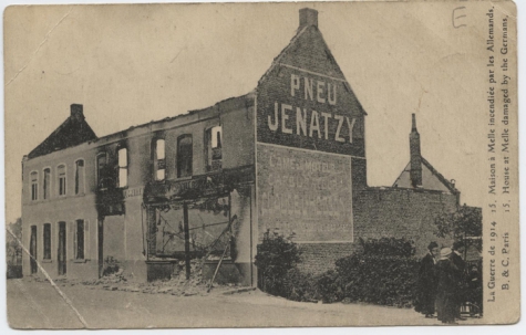 Door de Duitsers in brand gestoken huis, Kwatrecht, Melle, 1914-1918