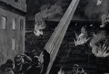 Uitzicht op het vreselijk bombardement van Luik door een zeppelin, 1914