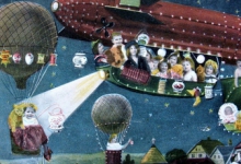 Kerstkaart met luchtballonnen en zeppelin