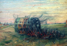 Brandende zeppelinhal van Evere, 1915.