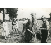 Christine Lampaert, André Van Hecke, Bliki Césaer en Marguerite Van Hecke, opnames film “Ouden Balegemsen” (van Roger Van Brakel), 1978 