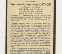 Bidprentje van Joannes-Franciscus De Vos, Balegem, 1936