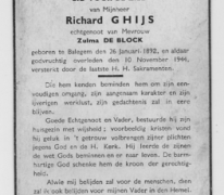 Bidprentje van Richard Ghijs, Balegem, 1944