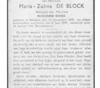 Bidprentje van Maria-Zulma De Block, Balegem, 1947