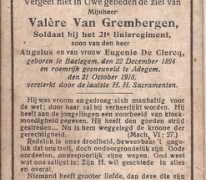 Bidprentje Valère Van Grembergen, Adegem, 1918 
