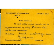 Uitnodiging groepsmis chiro Melle, 1968