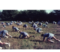 Chiro Melle Geertrui. Ochtendturnen op kamp in Natoye, 1969.