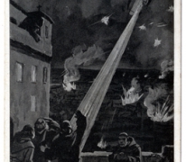 Uitzicht op het vreselijk bombardement van Luik door een zeppelin, 1914