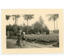 Alex en Etienne Floré tussen de azalea&#039;s, Lochristi, jaren 1960
