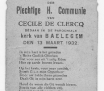 Herinneringsprentje Pl. H. Communie van Cecile De Clercq, Balegem, 1932