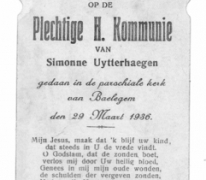 Herinneringsprentje Pl. H. Communie,  Simonne Uytterhaegen, Balegem 29.03.1936.