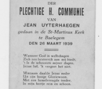 Herinneringsprentje Pl. H. Communie Jean Uytterhaegen, Balegem 1939