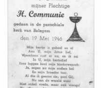 Herinneringsprentje  a.d. Pl. H. Communie van Jeannine Van Tomme, Balegem, 1946
